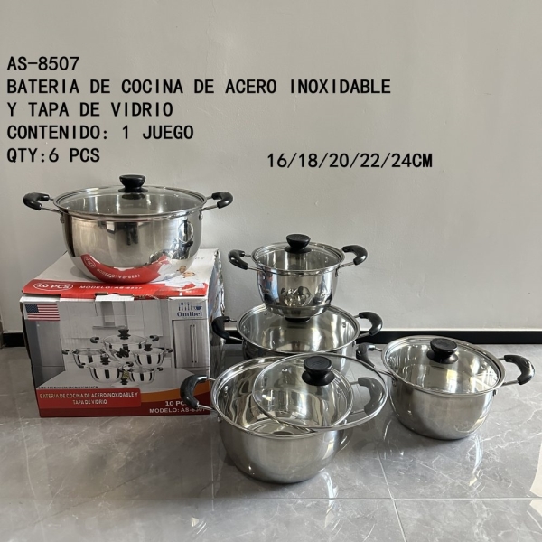[AS-8507]BATERIA DE COCINA DE ACERO INOXIDABLE Y TAPA DE VIDRIO