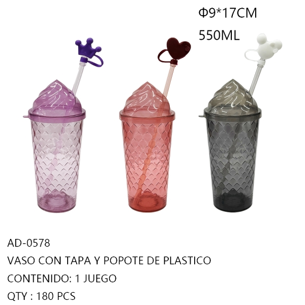 [AD-0578]VASO CON TAPA Y POPOTE DE PLASTICO 