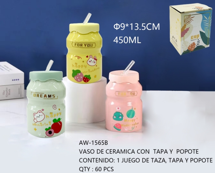 [AW-1565B]VASO DE CERAMICA CON  TAPA Y  POPOTE 