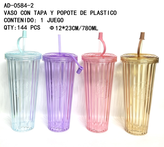[AD-0584-2] VASO CON TAPA Y POPOTE DE PLASTICO 