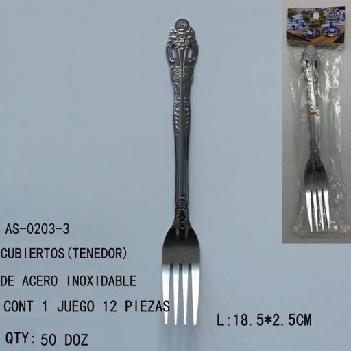 [AS-0203-3 [600 PZS/CAJA]] [AS-0203-3] CUBIERTOS(TENEDOR)DE ACERO INOXIDABLE18.5*2.5CM CONT 12 PIE