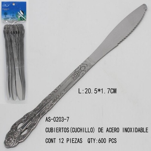 [AS-0203-7 [600 PZS/CAJA]] [AS-0203-7] CUBIERTOS(CUCHILLO) DE ACERO INOXIDABLEL:20.5*2CM CONT 12 P