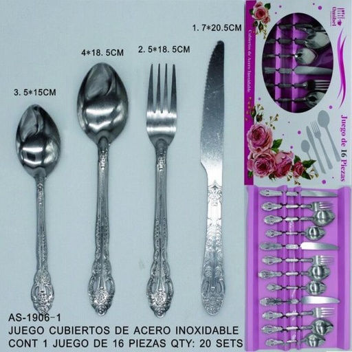 [AS-1906-1 [20 PZS/CAJA]] [AS-1906-1] JUEGO CUBIERTOS DE ACERO INOXIDABLE15.5*3CM/18*4CM/18*2.5CM/