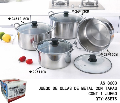 [AS-8603 [6 PZS/CAJA]] [AS-8603]JUEGO DE OLLAS DE METAL CON TAPAS