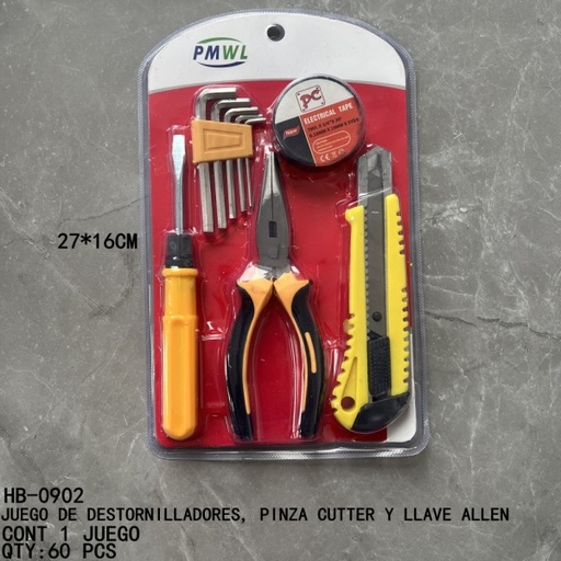[HB-0902 [60 PZS/CAJA]] [HB-0902]JUEGO DE DESTORNILLADORES, PINZA CUTTER Y LLAVE ALLEN