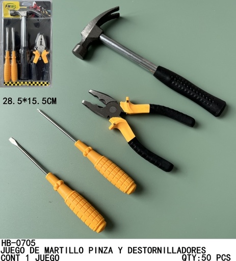 [HB-0705 [50 PZS/CAJA]] [HB-0705]JUEGO DE MARTILLO PINZA Y DESTORNILLADORES