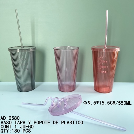 [AD-0580 [180 PZS/CAJA]] [AD-0580]VASO TAPA Y POPOTE DE PLASTICO