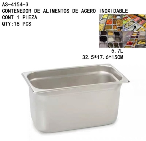 [AS-4154-3 [18 PZS/CAJA]] [AS-4154-3]CONTENEDOR DE ALIMENTOS DE ACERO INOXIDABLE 
