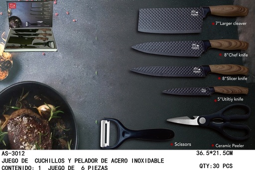 [AS-3012 [30 PZS/ CAJA]] [AS-3012] JUEGO DE CUCHILLOS Y PELADOR DE ACERO INOXIDABLE 