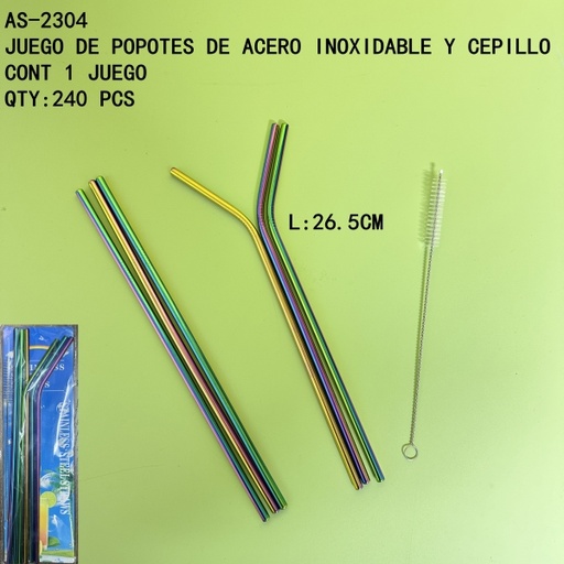 [AS-2304 [240 PZS/ CAJA]] [AS-2304] JUEGO DE POPOTES DE ACERO INOXIDABLE Y CEPILLO 