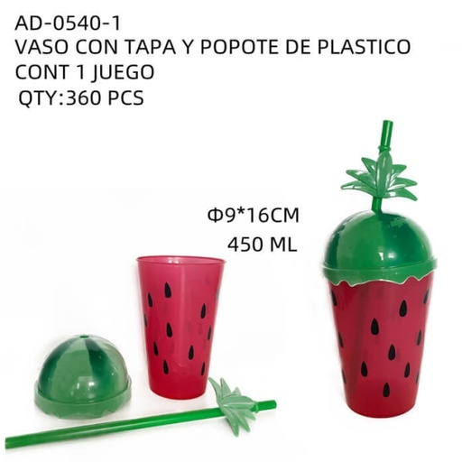 [AD-0540-1 [360 PZS/CAJA]] [AD-0540-1] VASO CON TAPA Y POPOTE DE PLASTICO